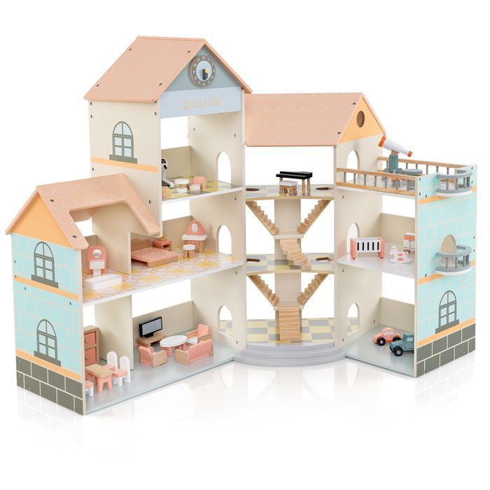 COSTWAY Maison de Poupée de Luxe - 42 Accessoires de Meuble - 3 Etages 6 Chambres Balcons Garage Voitures Cadeau pour 3 Ans +