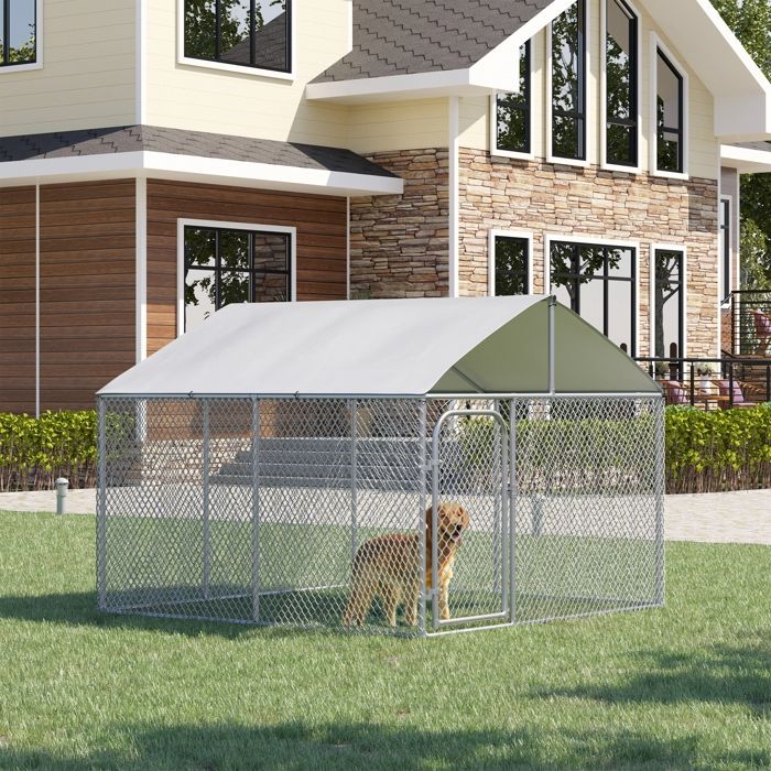 Chenil extérieur avec toit pour chien 5 m² parc grillagé espace couvert acier galvanisé 230 x 230 x 175 cm