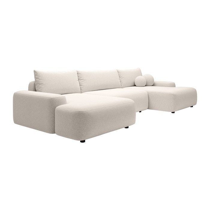 Grand canapé dangle panoramique convertible en tissu chiné crème DAVISO
