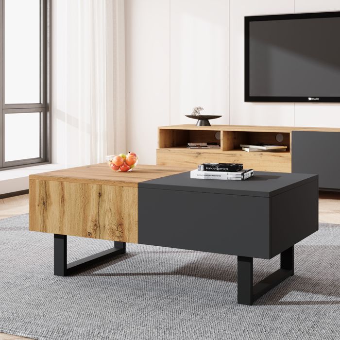 Table basse salon coulissante avec rangement caché Table de salon avec support en bois et métal de haute qualité 155x55x40 cm
