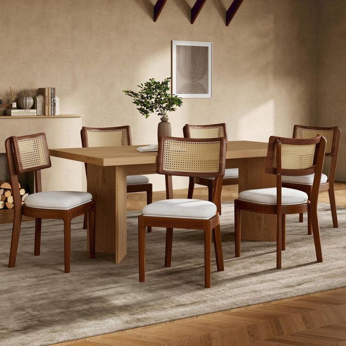 Lot de 6 chaises salle à manger en bois massif avec dossiers en rotin confortables et respirantes Coussins en velours Noyer