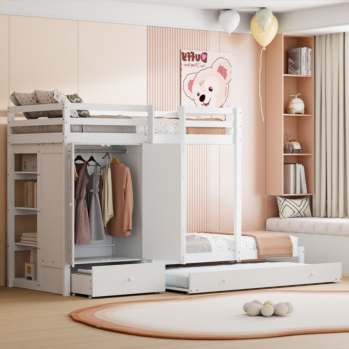 Lit superposé 90x200cm avec lit gigogne lit enfant multifonctionnel avec armoire intégrée et tiroirs lit mezzanine en bois blanc