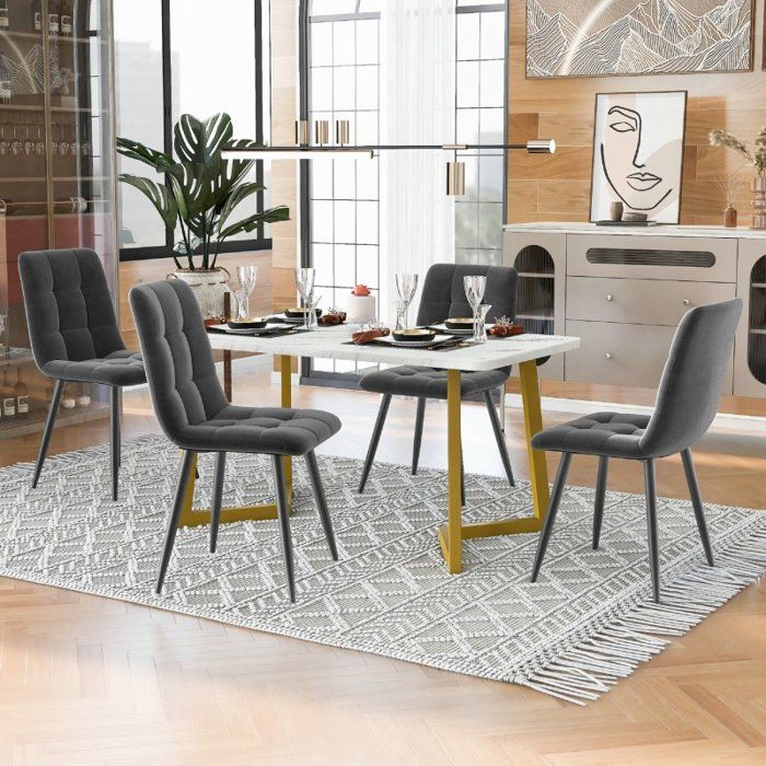 Table à Manger avec 4 chaises Set Table et Chaise Cuisine Salon Moderne chaises en velours gris foncé pieds de table dorés