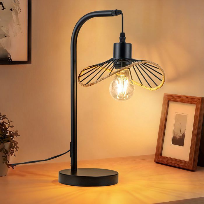 NETTLIFE - Lampe de table noire de style rétro avec câble culot E27 pour chambre ou bureau en métal (ampoule non fournie)