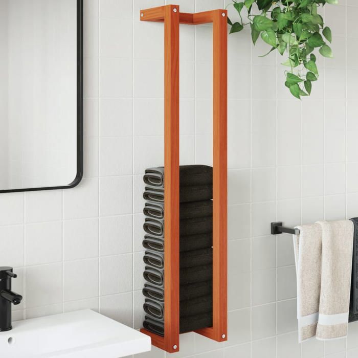 Porte-serviette mural en bois - vidaXL - 23x18x110 cm - Bois de pin massif - Brun cire - Étagère intégrée