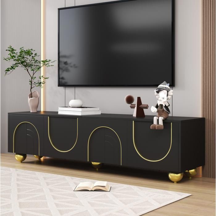 Meuble TV Moderne Noir avec Rangement Meubles Bas avec 4 Portes et Pieds Ronds dorés Table Tele pour SalonChambre170x38x44cm