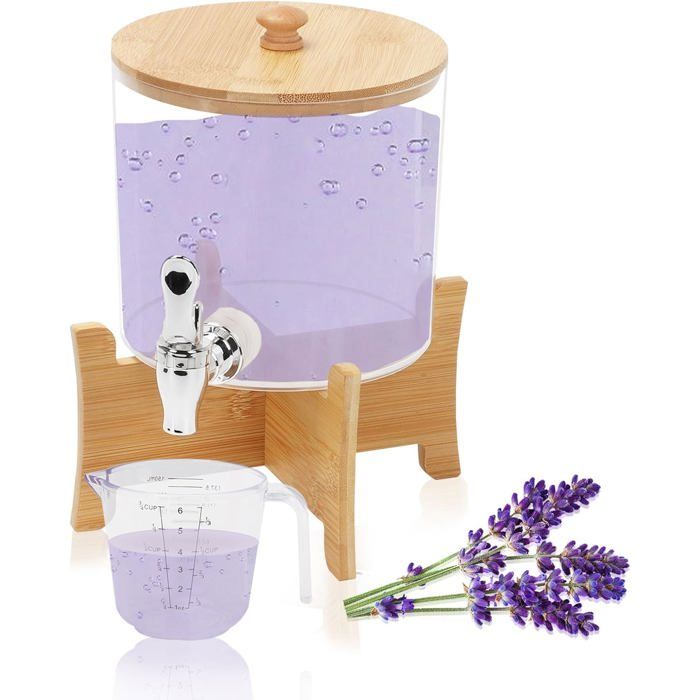 25L Distributeur Lessive Liquide avec RobinetDistributeur de Détergent à Lessive avec CouvercleSupport en Bois et Tasse à Doseur