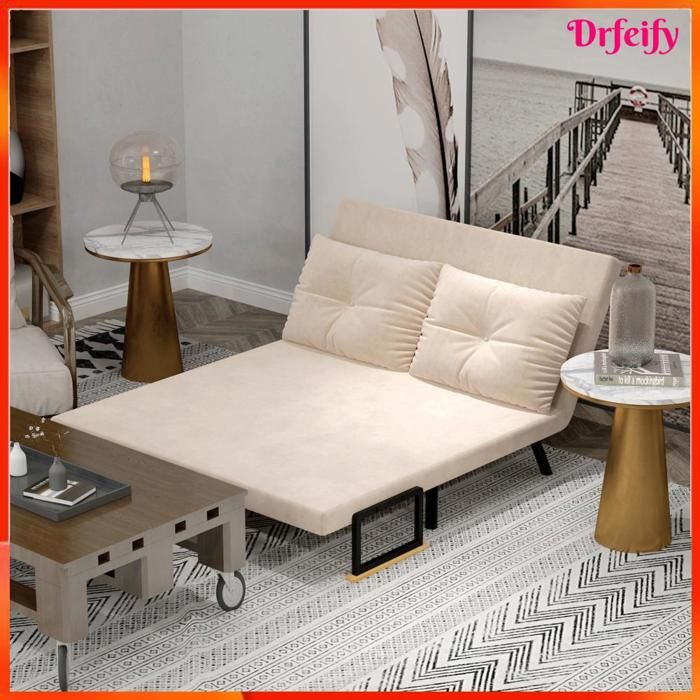 Canapé convertible 2 places - AKOZON - 9525 - Dossier 5 positions - Revêtement velours beige - 2 coussins