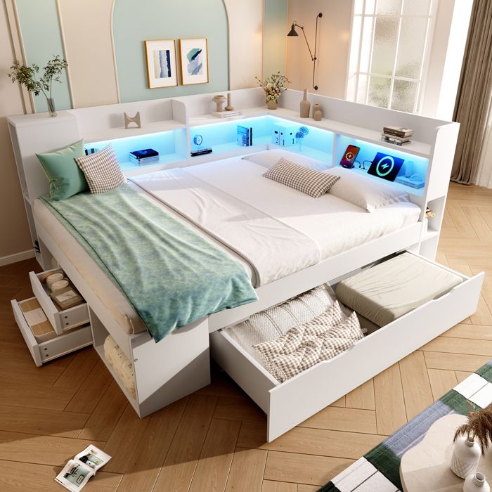 Lit Banquette Lit Double 140×200 cm USB Type-C LED Réglable Étagères et Tiroirs sans Matelas Blanc