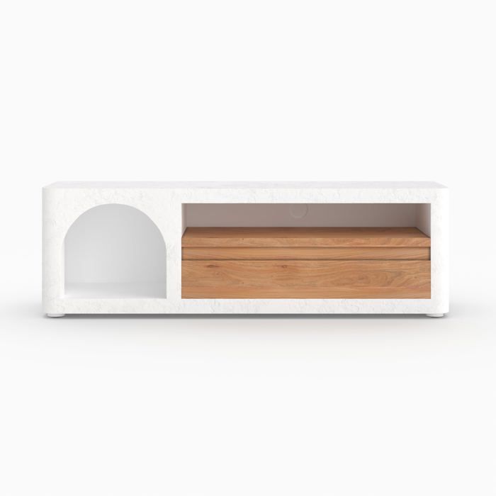 Meuble TV en plâtre blanc cassé 140 cm avec tiroir - Fira - Maison Pavane