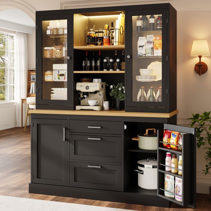 Merax Buffet Haut de Cuisine - avec LED - 140 x 40 x 185 cm - 3 Tiroirs - Portes Vitrées - Étagères Réglables - Plan de Travail Merax Buffet Haut de Cuisine - avec LED - 140 x 40 x 185 cm - 3 Tiroirs - Portes Vitrées - Étagères Réglables - Plan de Travail