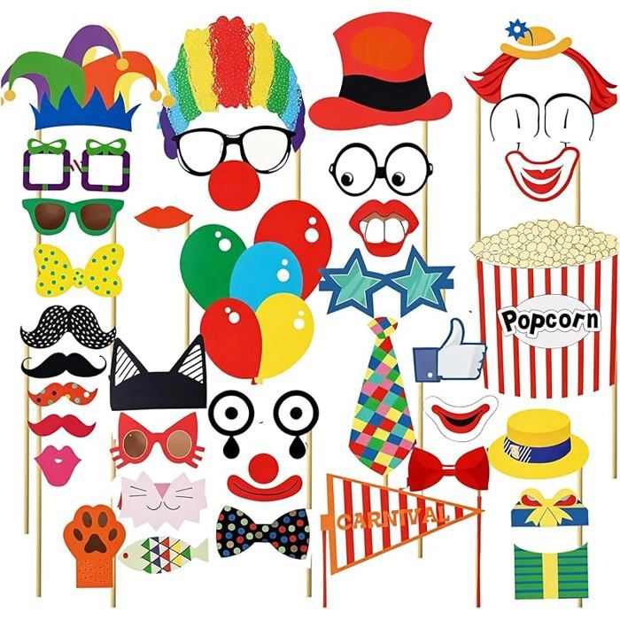 Ensemble de Décoration Cirque 36 Pièces pour Carnaval Fête y Compris Accessoires Photo Masques Chapeaux Lunettes