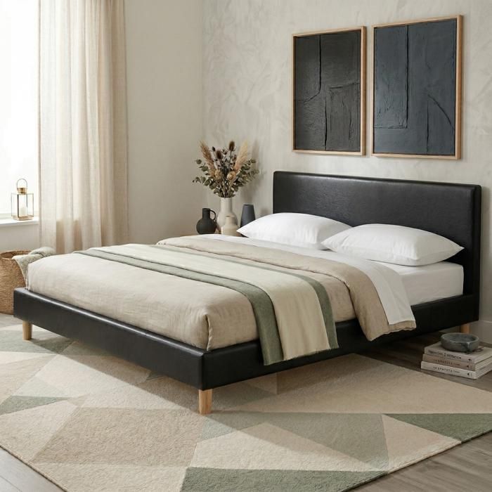 Lit - SAMPUR - Prince - 90x190 cm - Simili cuir noir - Tête de lit incluse Lit - SAMPUR - Prince - 90x190 cm - Simili cuir noir - Tête de lit incluse