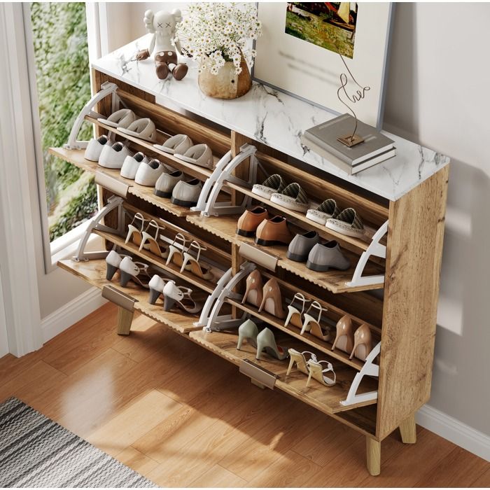 Meuble à Chaussures 4 Portes Abattantes Grand Rangement Plateau Aspect Marbre pour Entrée MDF Naturel 105×24×95 5 cm - UVRION