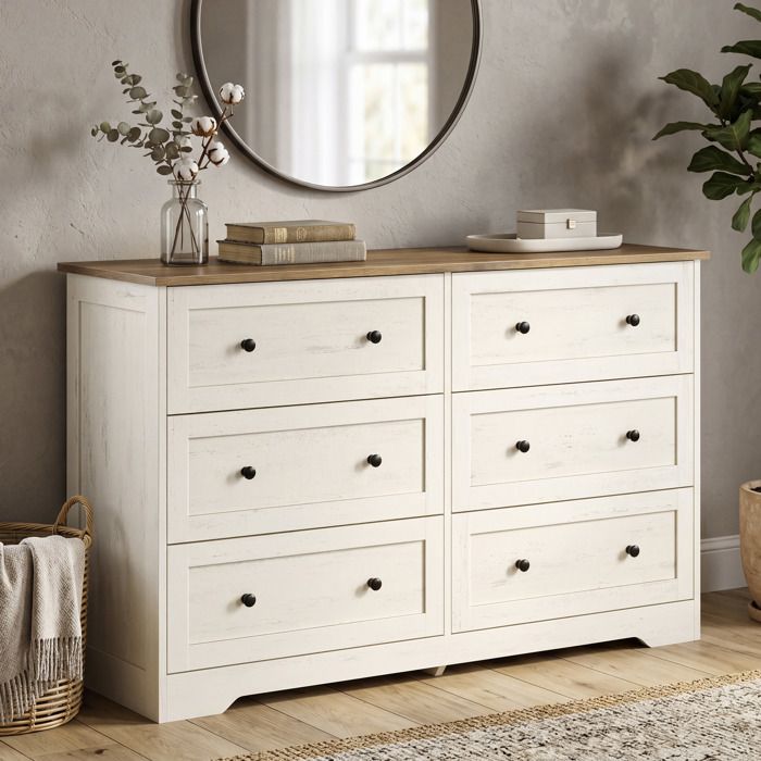 Commode de Chambre Meuble Polyvalent Chambre Style Cottage 6 Tiroirs 40 x 120 x 78 cm Blanc et Marron
