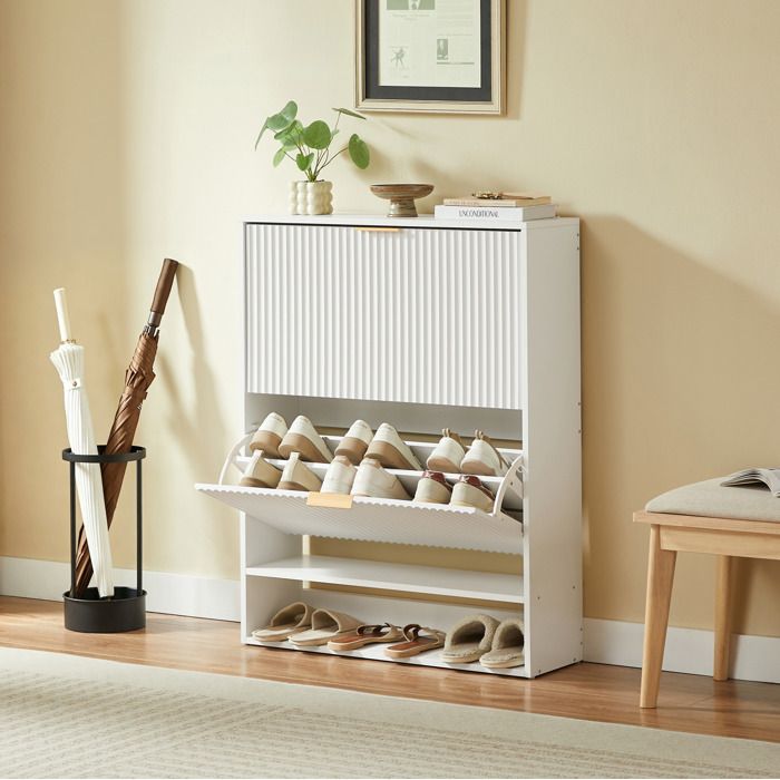 Meuble à chaussures à abattant – Blanc – 24 cm de profondeur – Étagères réglables – Anti-basculement