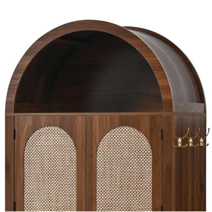 Buffet haut à arche en rotin MDF couleur noyer 2 portes 2 tiroirs 80 x 40 x 180 cm