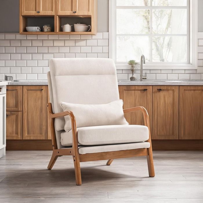 Fauteuil en tissu effet lin crème dossier haut et soutien lombaire assise large 58 cm cadre bois massif