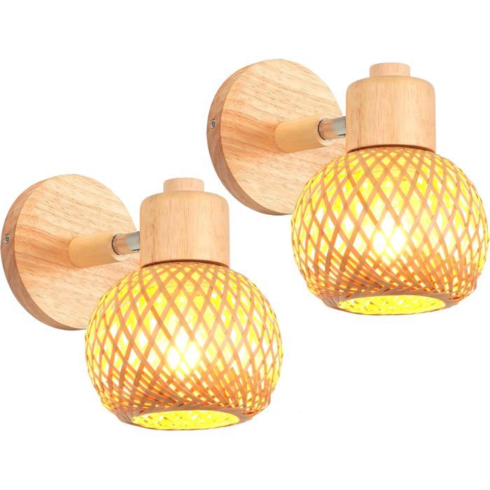 Lot de 2 appliques murales bohèmes en rotin et bambou - Douille E27 13 cm ajustable