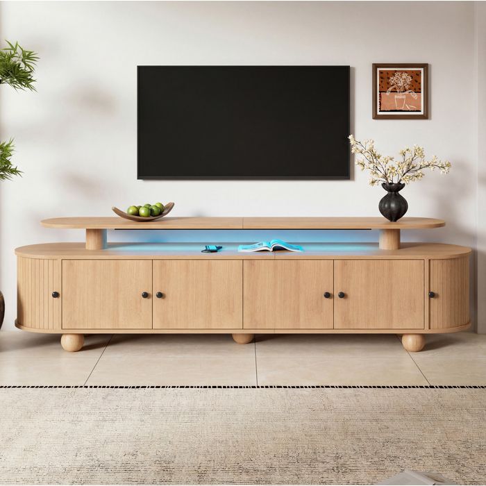 Meuble TV double niveau 180 x 40 x 48 cm avec 6 portes LED integree passe-cables et decor bois naturel