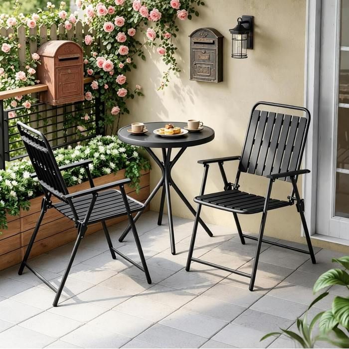 Ensemble table et chaises de jardin 3 pièces table pliante et 2 chaises pliantes noir métal verre extérieur 60 x 70 cm