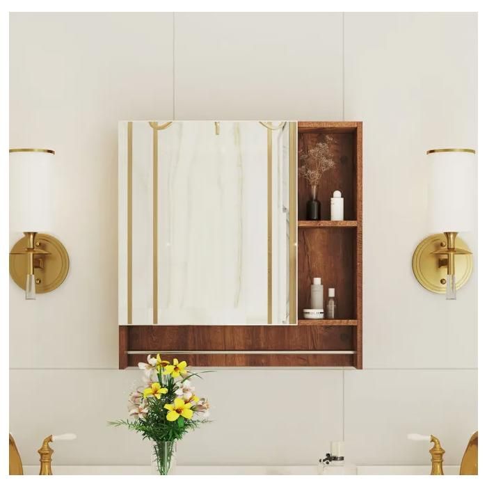 Armoire de salle de bain en MDF couleur noyer avec miroir et étagères ouvertes meuble miroir mural rangement pratique