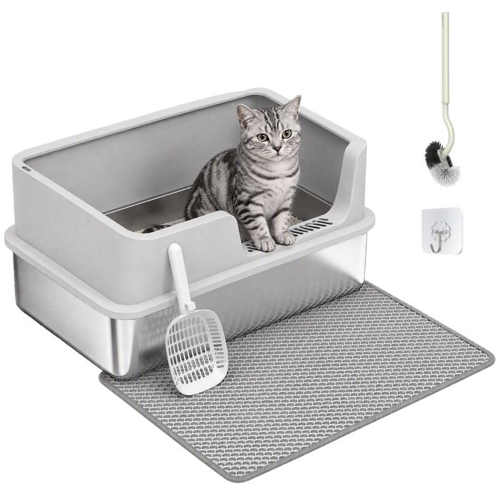 Bac litière pour chat - PawHut - couvercle bords hauts pelle et tapis anti-adhérent anti-odeurs - inox - 60x40x30cm - gris clair Bac litière pour chat - PawHut - couvercle bords hauts pelle et tapis anti-adhérent anti-odeurs - inox - 60x40x30cm - gris clair