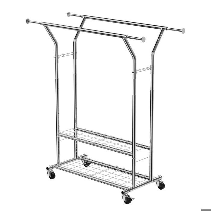 120 kg Portant à vêtements roulant réglable 2 barres 2 étagères rangement linge chambre buanderie