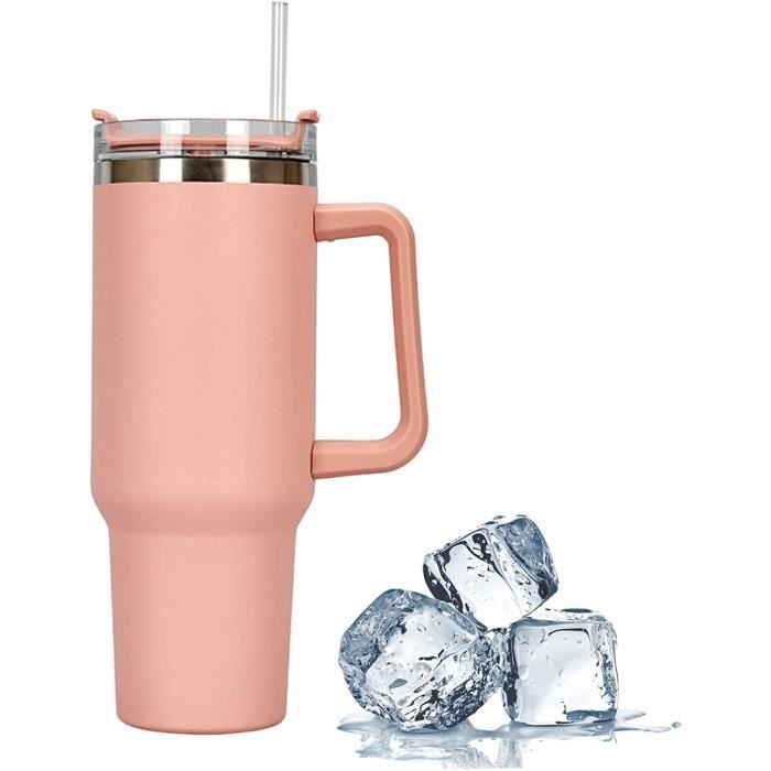 Mug Isotherme40 OZ Tasse thermos chaude et froideVerres à Boire Réutilisablesavec manche et paillepour sportsvoyages(rose)