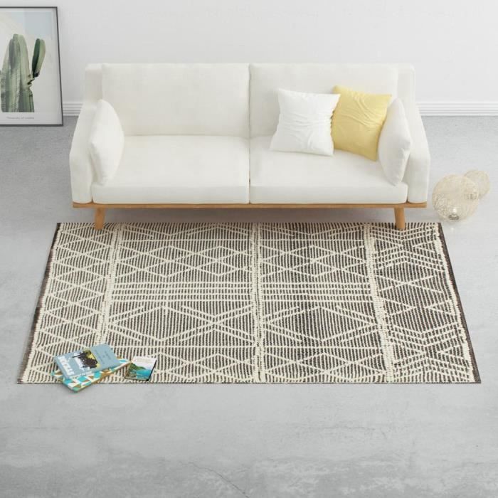 Tapis en laine tissée à la main 80x150cm Blanc/Gris/Noir/Marron