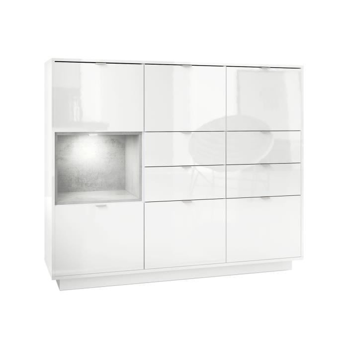 Vladon Buffet Armoire Denjo Corps en Blanc Mat//Façades en Blanc Haute Brillance et Aspect Béton Oxyde