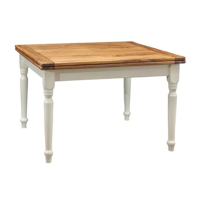 table à rallonge champêtre en bois massif de tilleul avec structure antique blanche et plateau en finition naturelle l120xpr120x