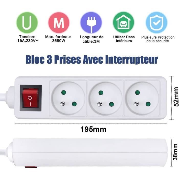 Multiprise Avec Interrupteur Secteur 2M, 3 Prises, Rallonge 230V, 3 Prises Françaises Tournées À