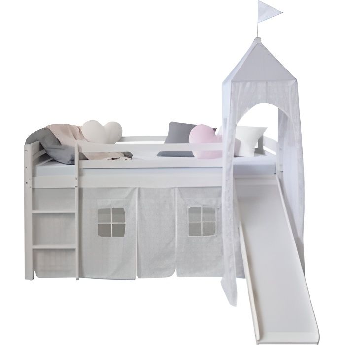 lit mezzanine enfant avec toboggan et tour - gris - bois massif - 90x200 cm