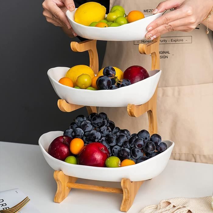 Marron Corbeille à Fruits en Céramique à 3 Etages avec Support en Bambou Naturel Bol de Fruits Etagere Assiette De Fruits Stockage de Légumes Paniers à Pain pour Salle Cuisine Soirée Mariage Banquet