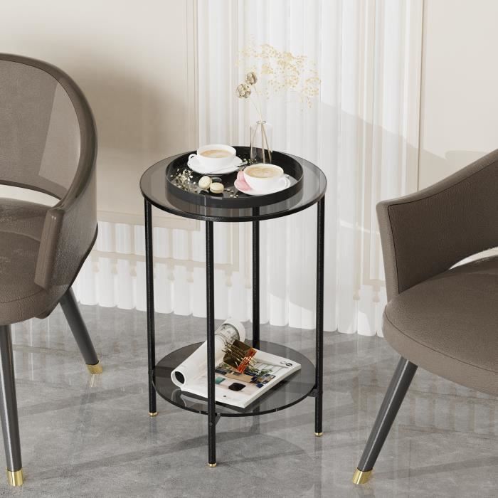 Table d'appoint, table de salon ronde en verre trempé, pieds en métal noir - diamètre 50 x hauteur 40 cm - Maison