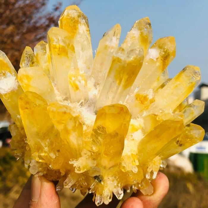 Pierre,Rare amas de cristaux de quartz fantôme jaune, nouveau