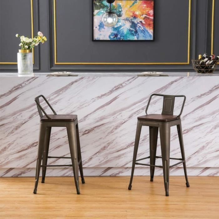 Lot de 4 tabourets de bar - Style industriel - Structure en fer noir brillant - Avec accoudoirs - Empilables