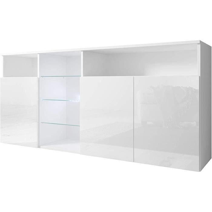 bahut - muebles bonitos - modèle clark - 2 portes - couleur blanche - étagères en cristal