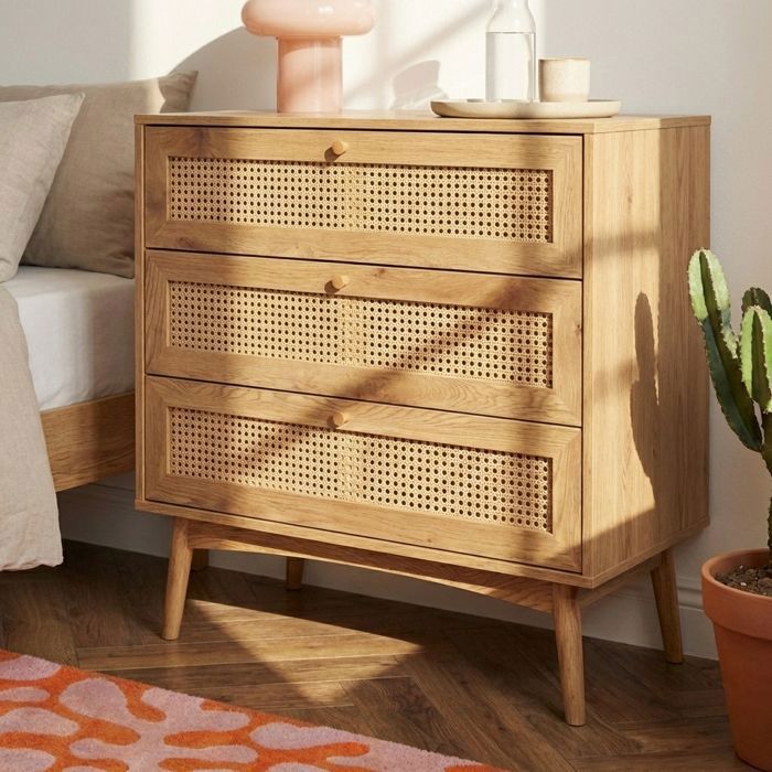 Commode INES effet chêne et cannage rotin 3 tiroirs Commode INES effet chêne et cannage rotin 3 tiroirs