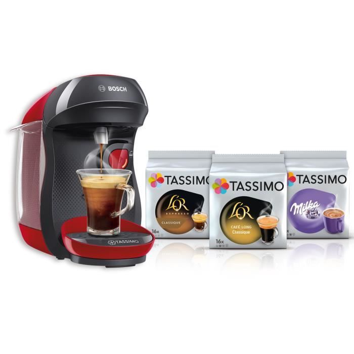 Cafetière Tassimo rouge Bosch + dosettes + support dans boite, avec notices  et disque de détartrage - Bosch Tassimo