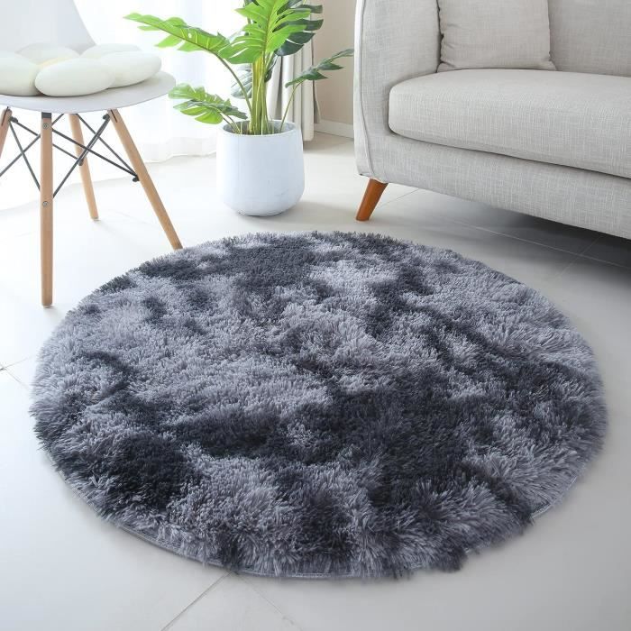 Tapis moderne uni poils longs frisés rond gris lavable 200 cm de diamètre