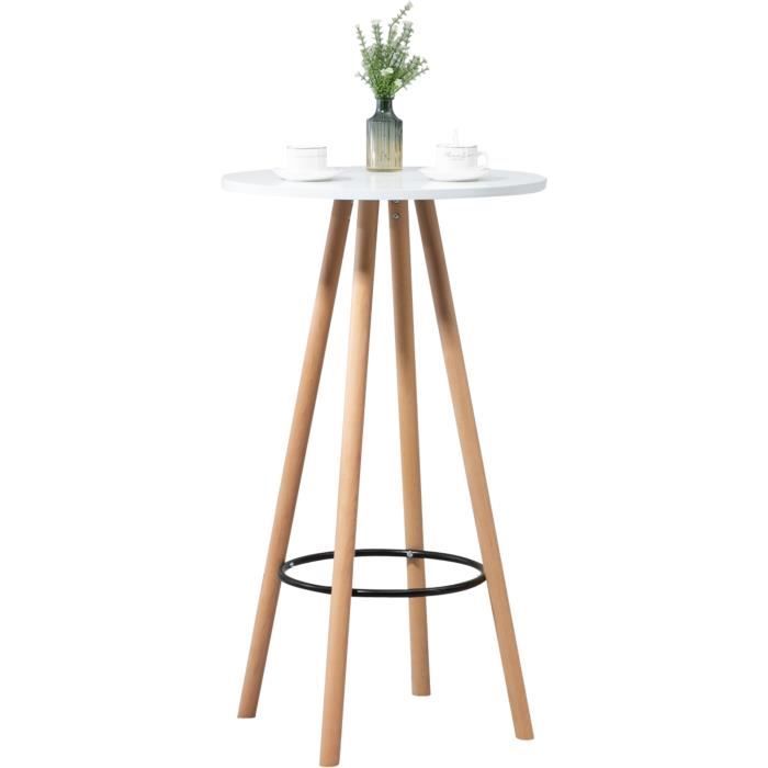 table haute de bar livia avec plateau rond et pieds en bois repose-pieds en métal , nature - blanc