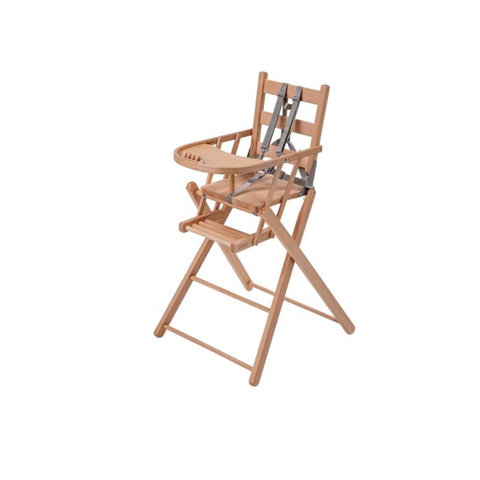 Chaise Haute Bébé Extra-Pliante Sarah Combelle - Bois Naturel Vernis, Harnais 5 Points