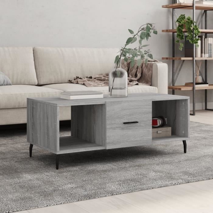 Table Basse Sonoma Gris - 100x100x30 Cm - Bois Composite Et Métal - Neuf