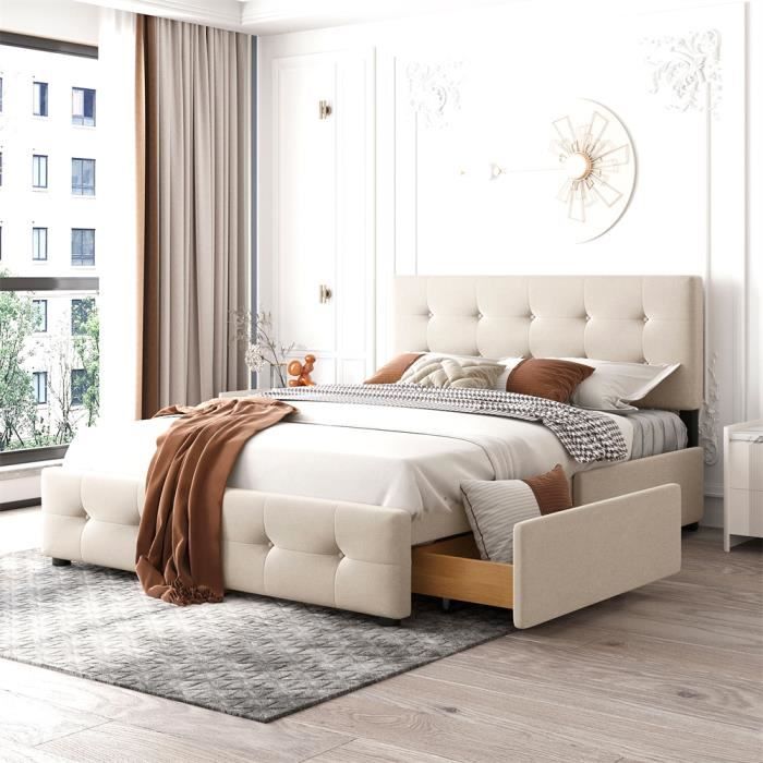 Lit Double Rembourré DRIPEX - 140 x 200 cm - Avec 4 tiroirs - Beige