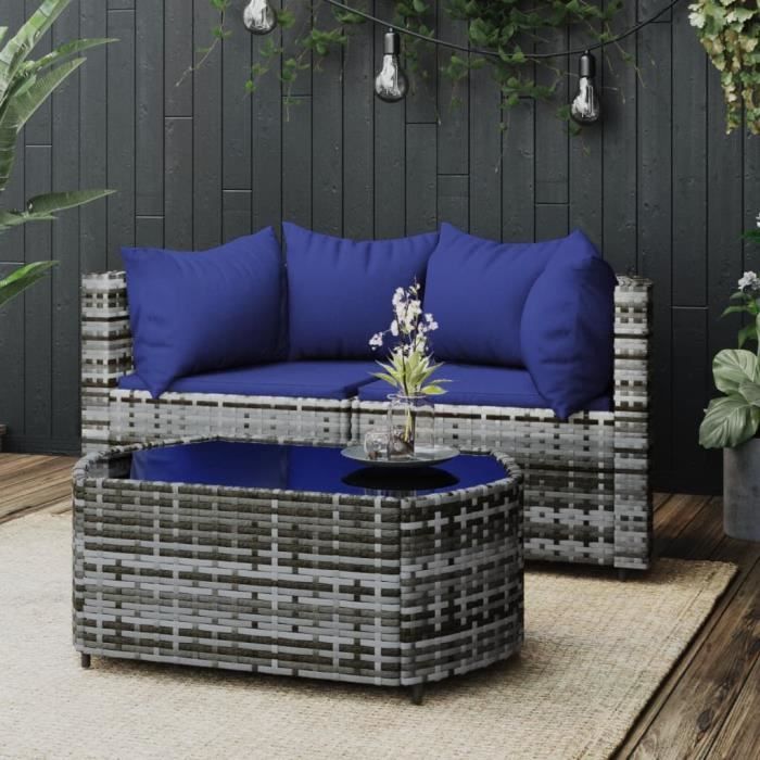 Salon de jardin - FAMIROSA - 3 pcs - Résine tressée - Coussins gris - Design contemporain