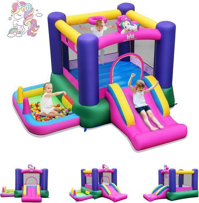 GOPLUS Aire de Jeu Château Gonflable Licorne avec Toboggan et Zone de Sautpour Enfants 3-12 Anssans Souffleur