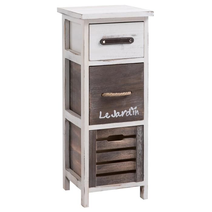 chiffonnier padua table de nuit avec 3 tiroirs, en bois de paulownia blanc style shabby chic vintage rustique campagne