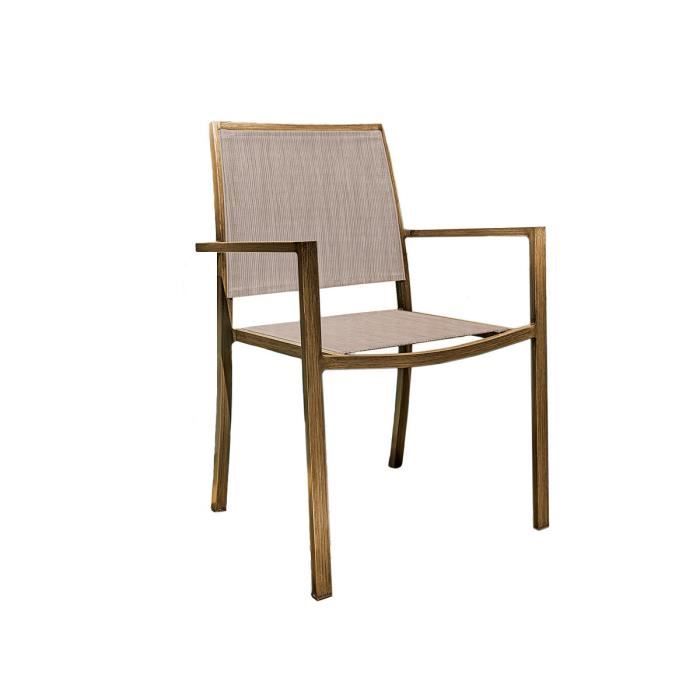 fauteuil de jardin empilable en aluminium et textilène aspect teck - jardiline santorin 55 x 58 x 85 cm marron